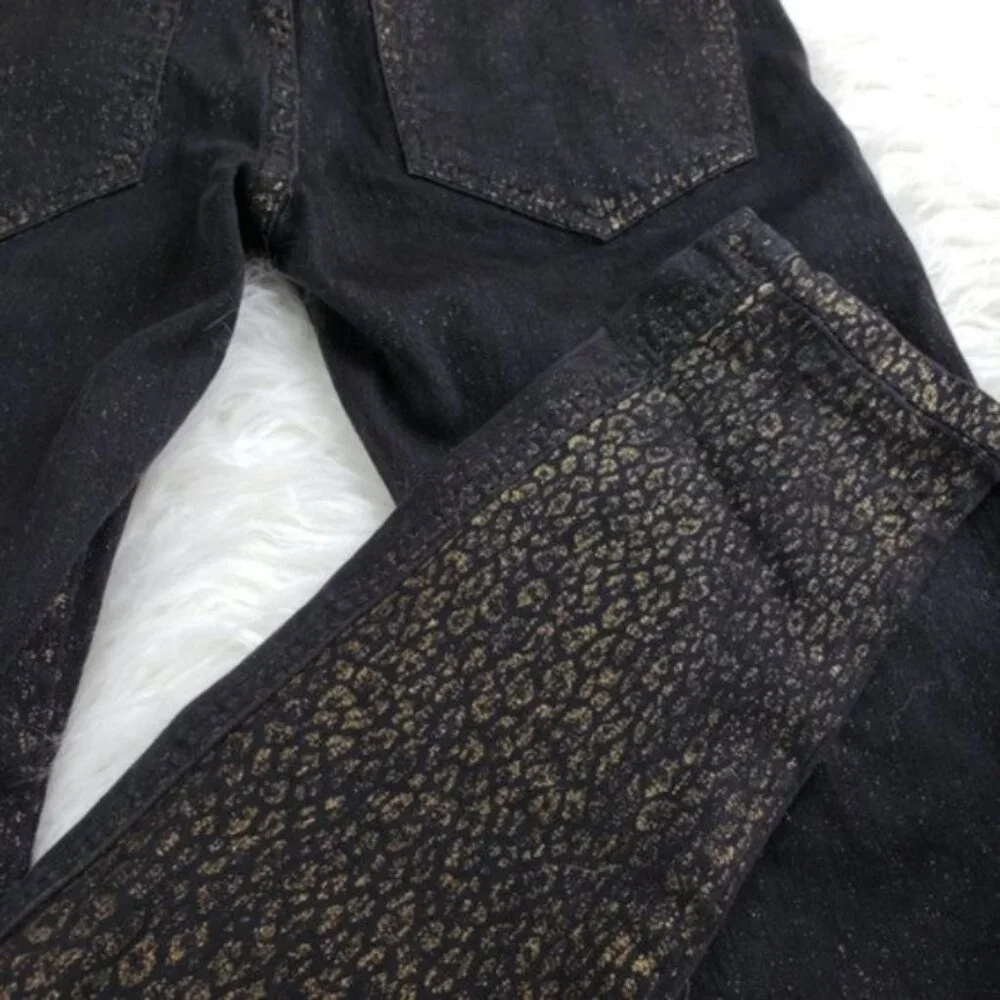 Free People Gold Leopard Print Jeans Y2K Denim Black Cheetah size 25 Stretch